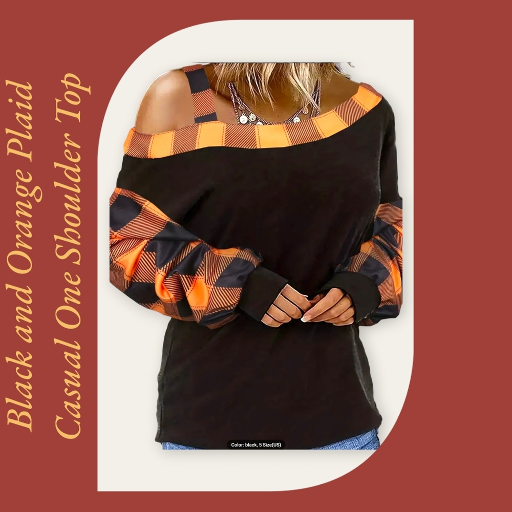 Women's Stylish Casual Black and Orange Plus Size One Shoulder Long Sleeve Top !